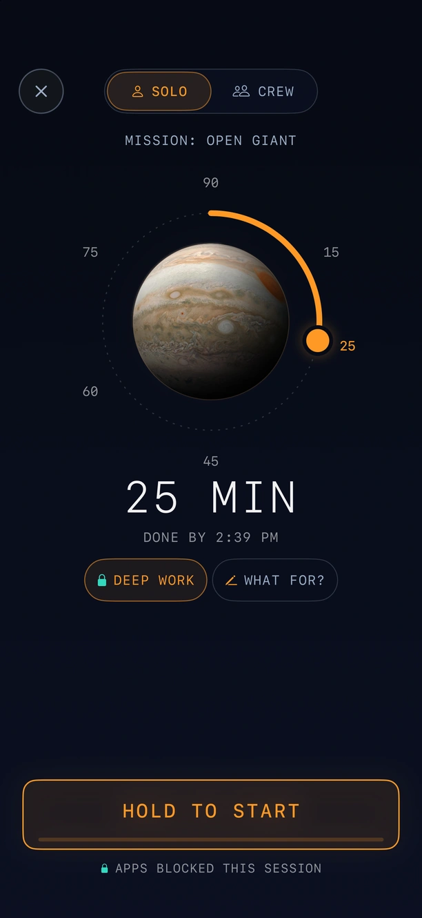Setting up a session at Jupiter: Solo or Crew, a dial set to 25 minutes, the Deep Work setup with apps blocked, a line for what you're working on, and the hold-to-start bar